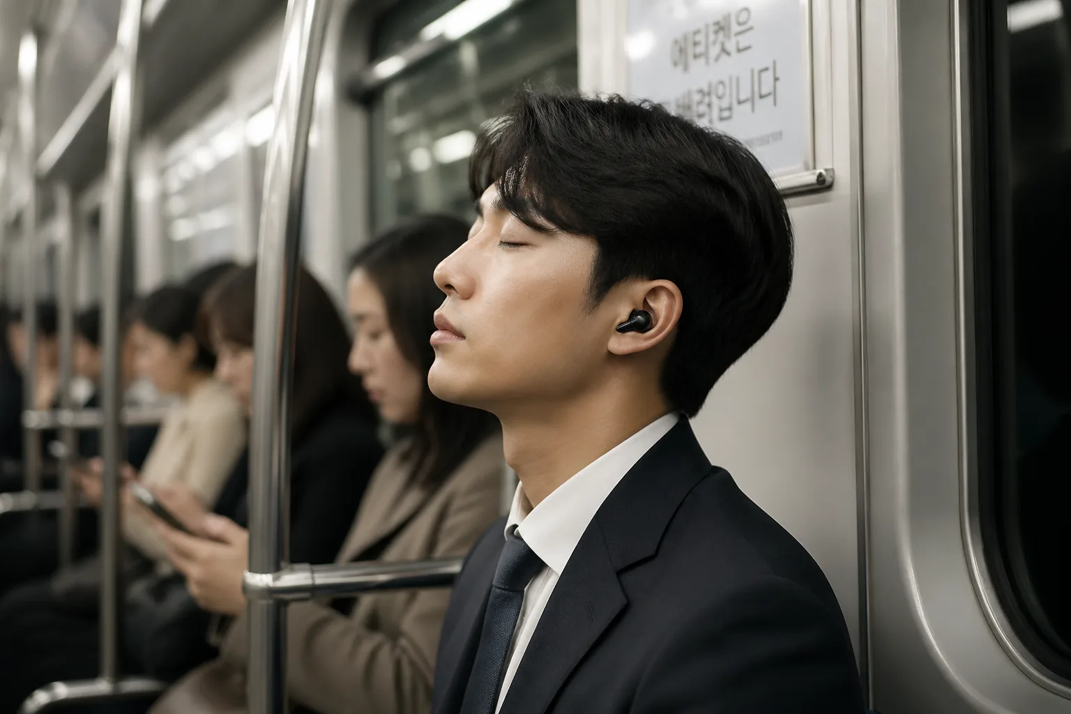 출근길 노이즈캔슬링 이어폰 사용 장면