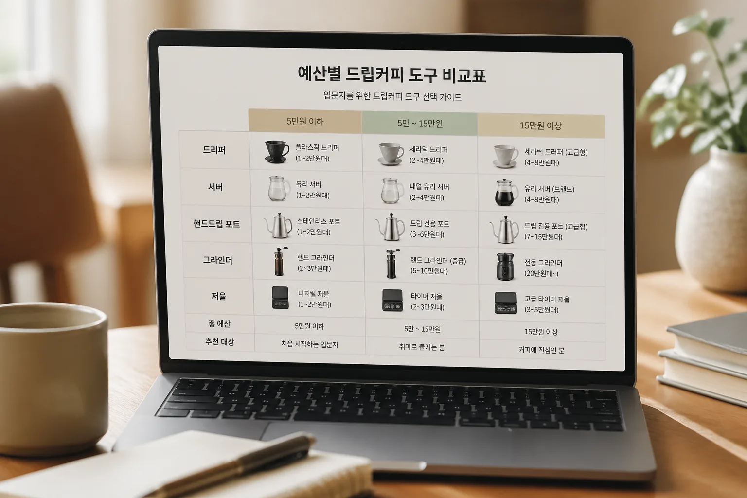 드립커피 입문 도구 비교표