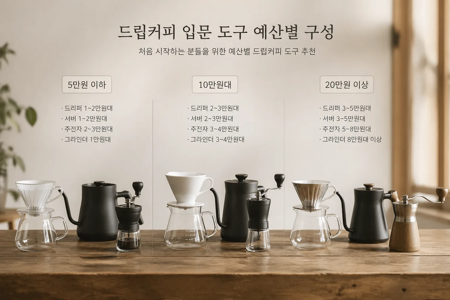 드립커피 입문 도구 예산별 구성