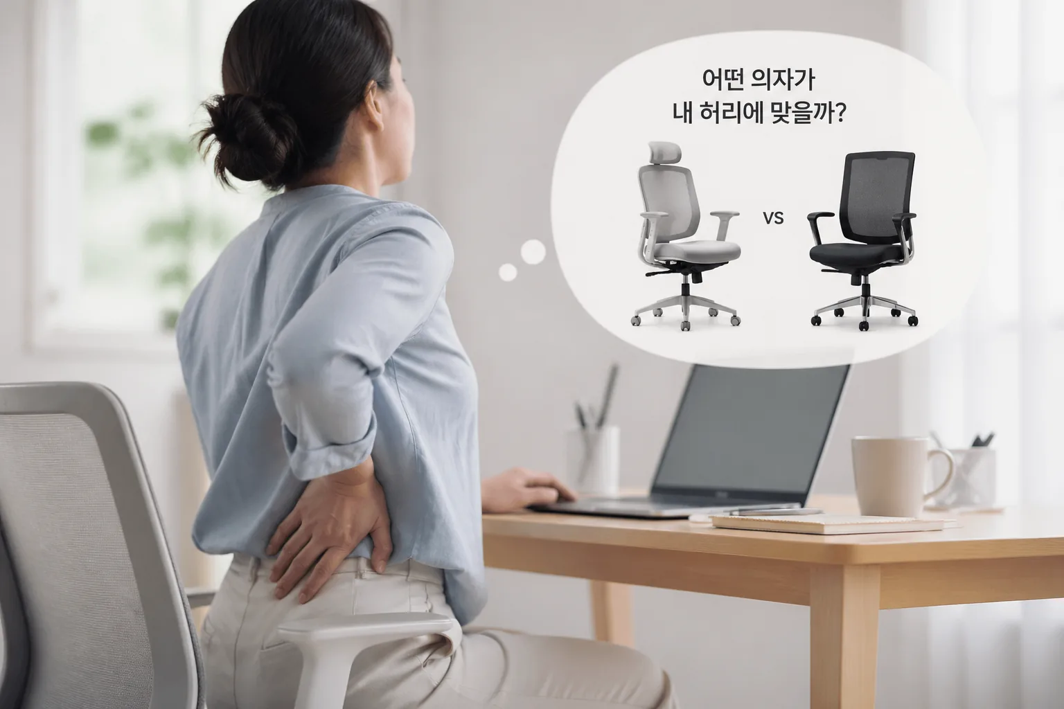 홈오피스 의자 선택 전 허리 통증 고민 장면