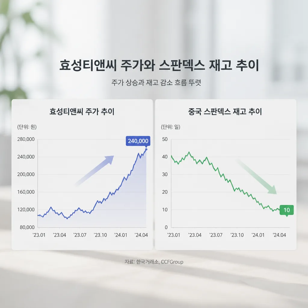 효성티앤씨 주가와 스판덱스 재고 추이