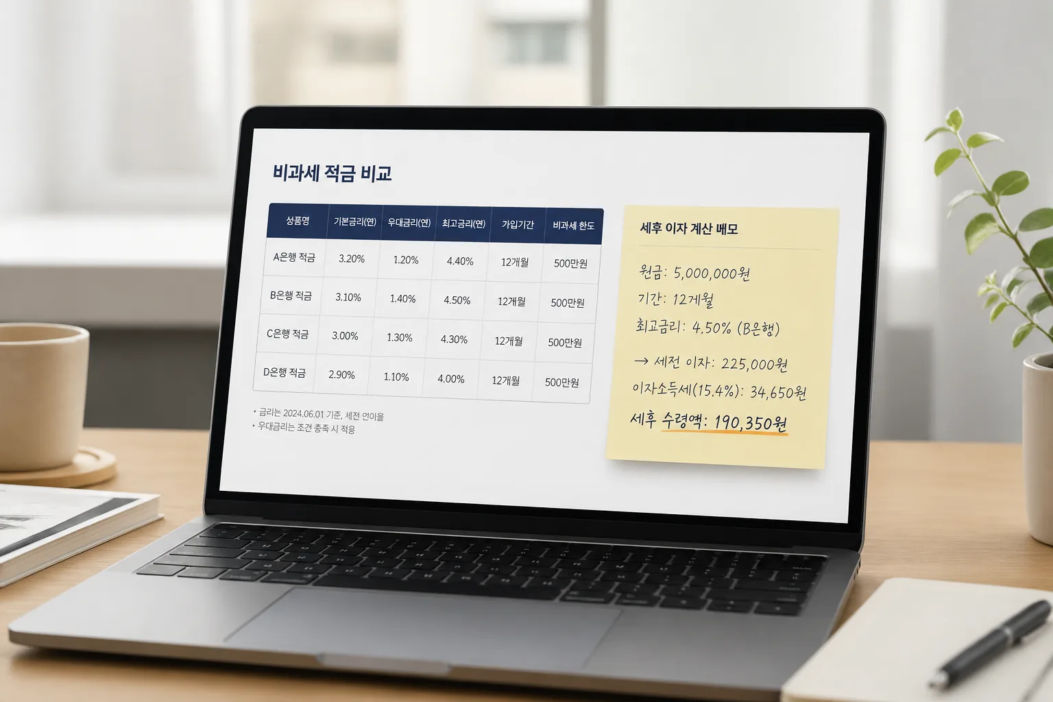 비과세 적금 비교표 화면