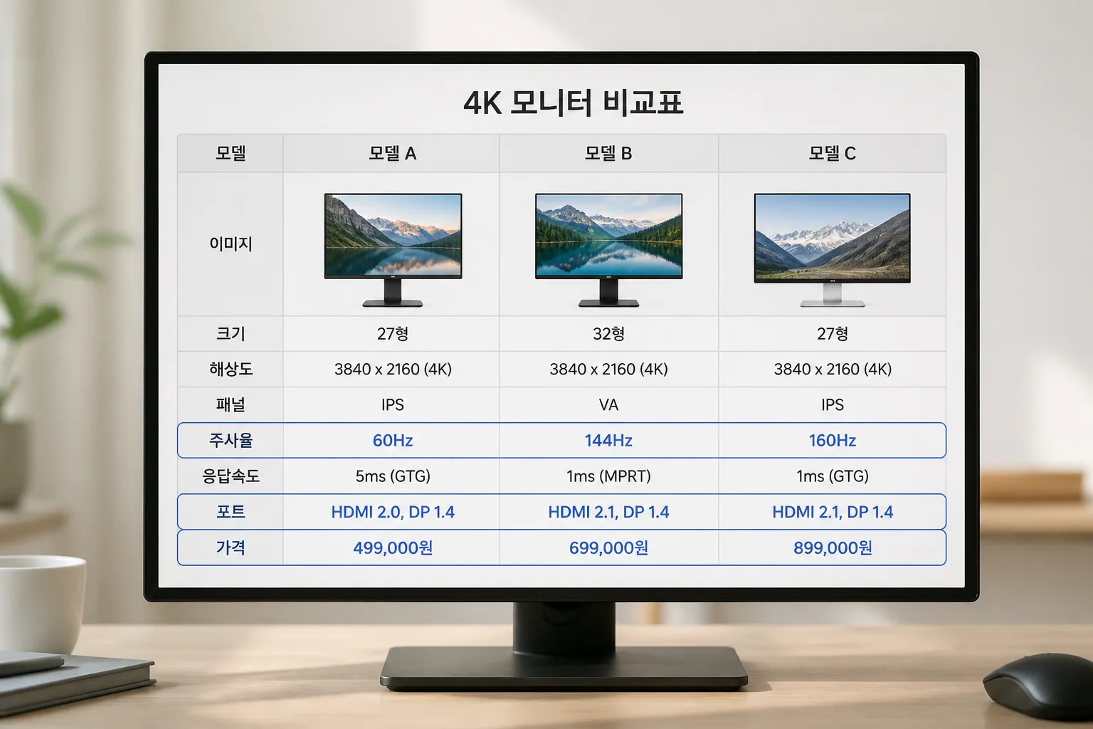 4K 모니터 비교표 예시