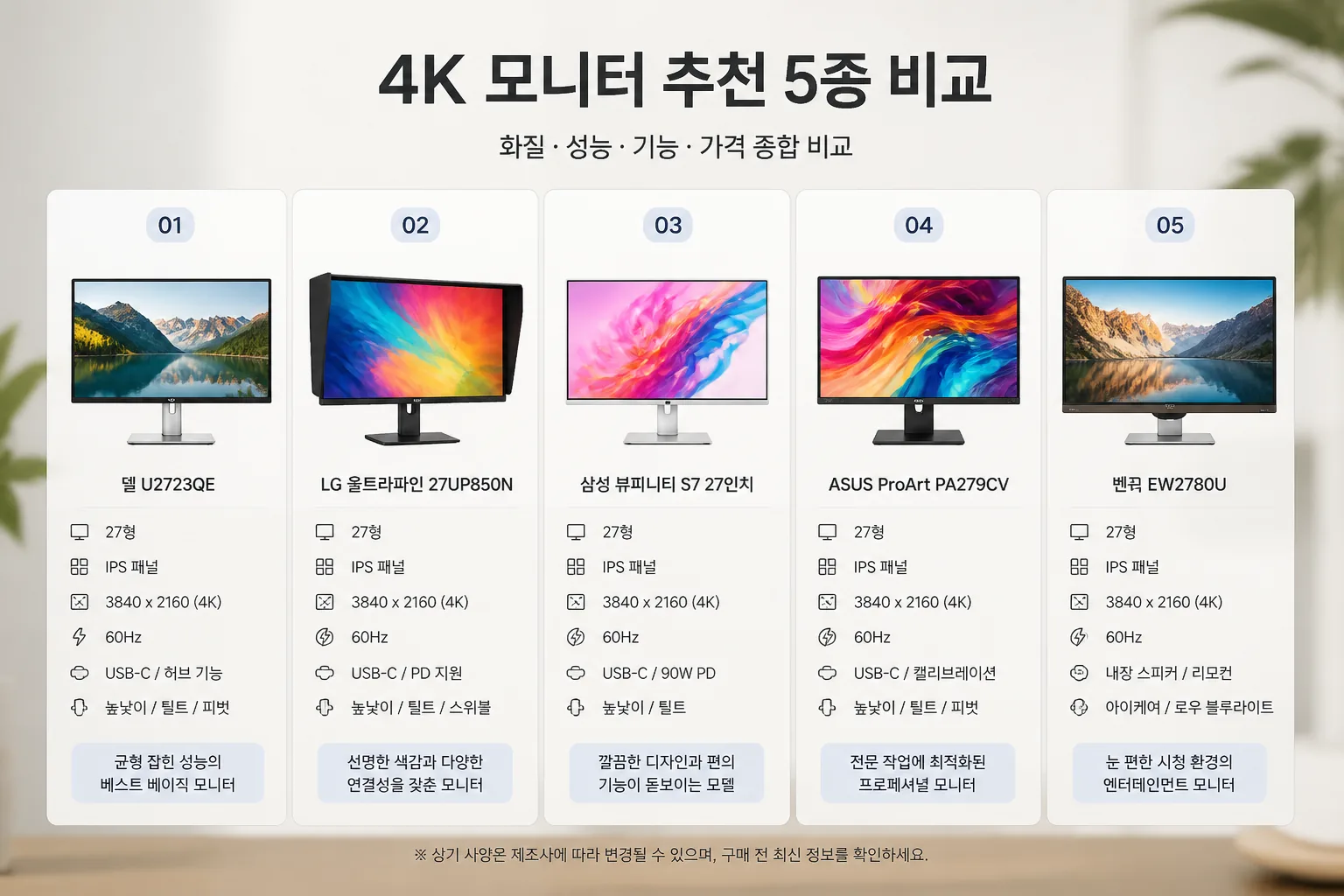 4K 모니터 추천 5종 비교
