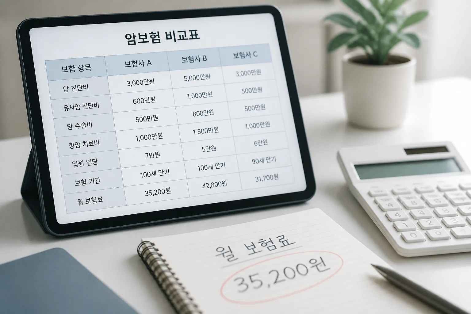 암보험 비교표와 보험료 계산 장면