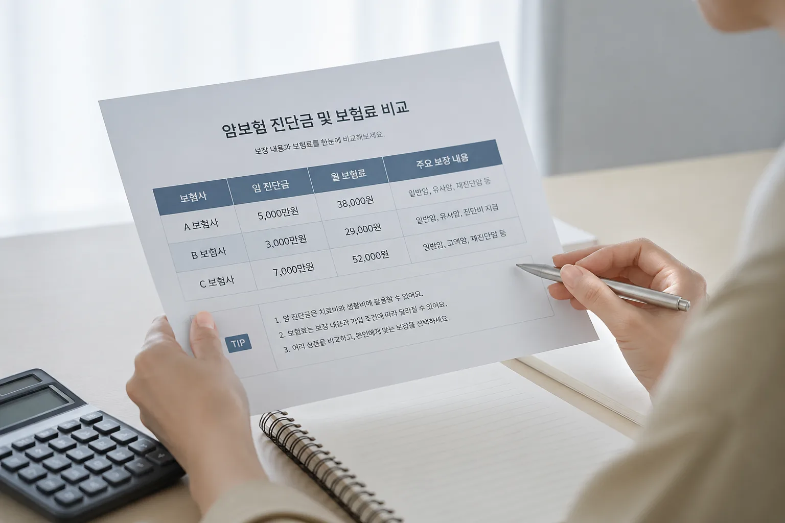 암보험 진단금과 보험료 비교 화면