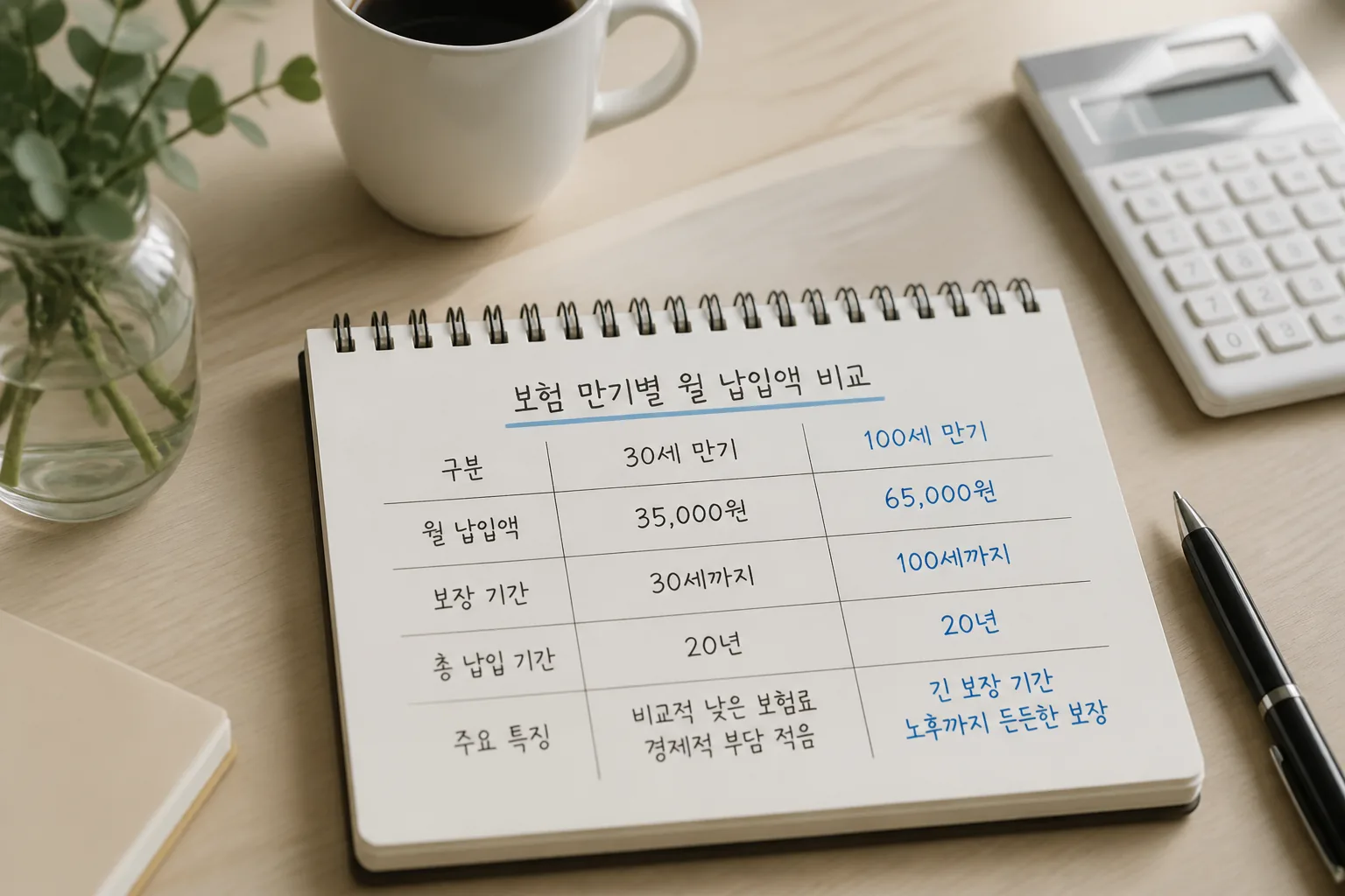 보험 만기별 월 납입액 비교