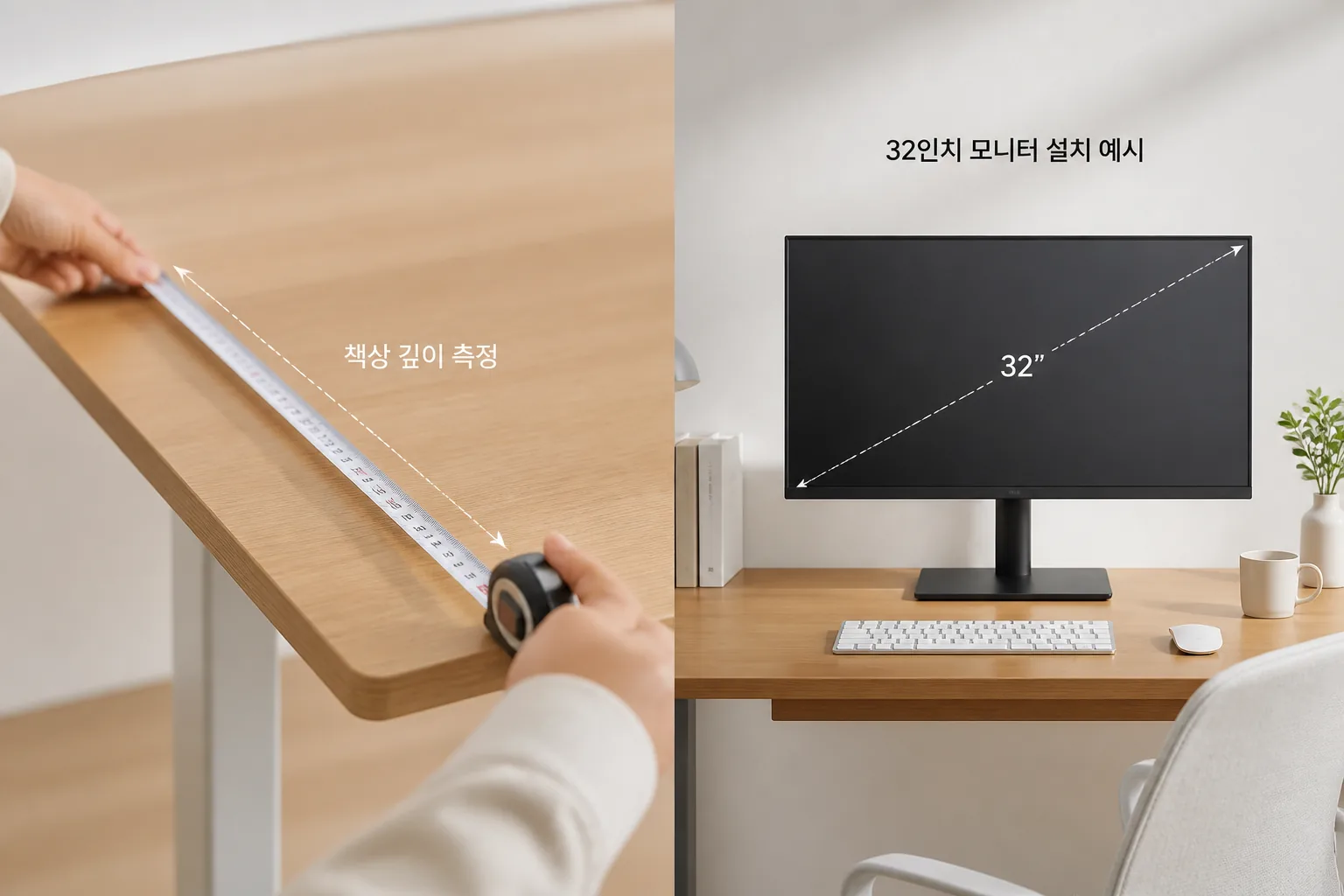 책상 깊이와 모니터 크기 측정 장면