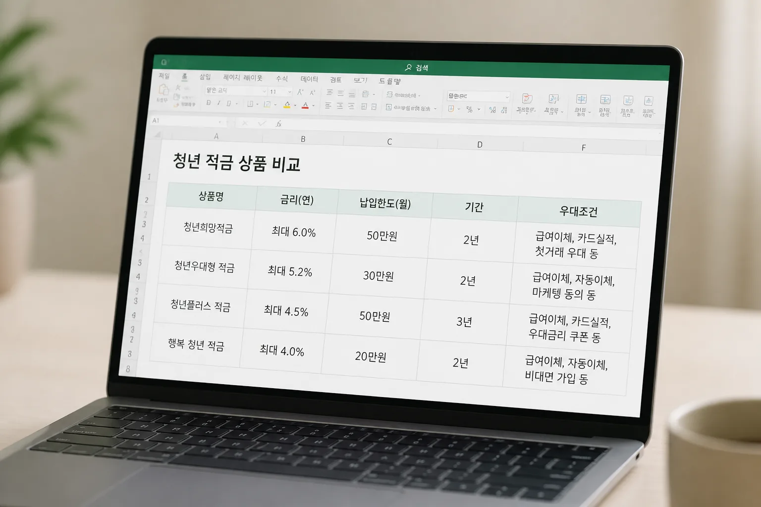 청년 적금 비교표 작성 예시