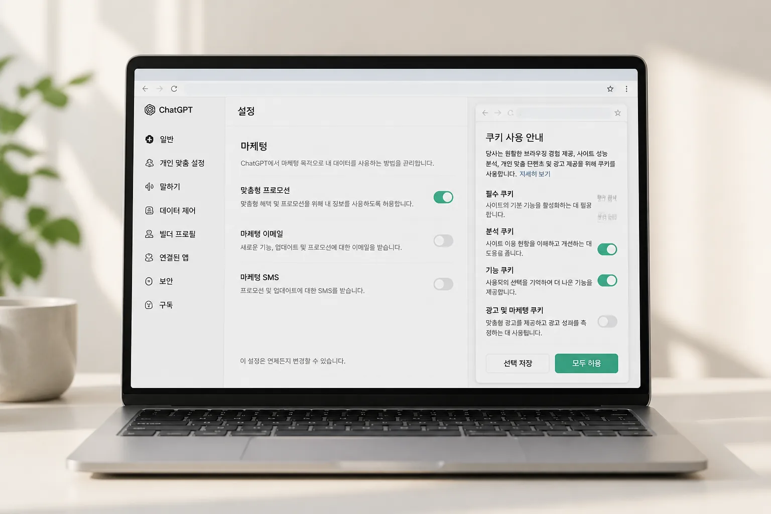 ChatGPT 마케팅 개인정보 설정 화면
