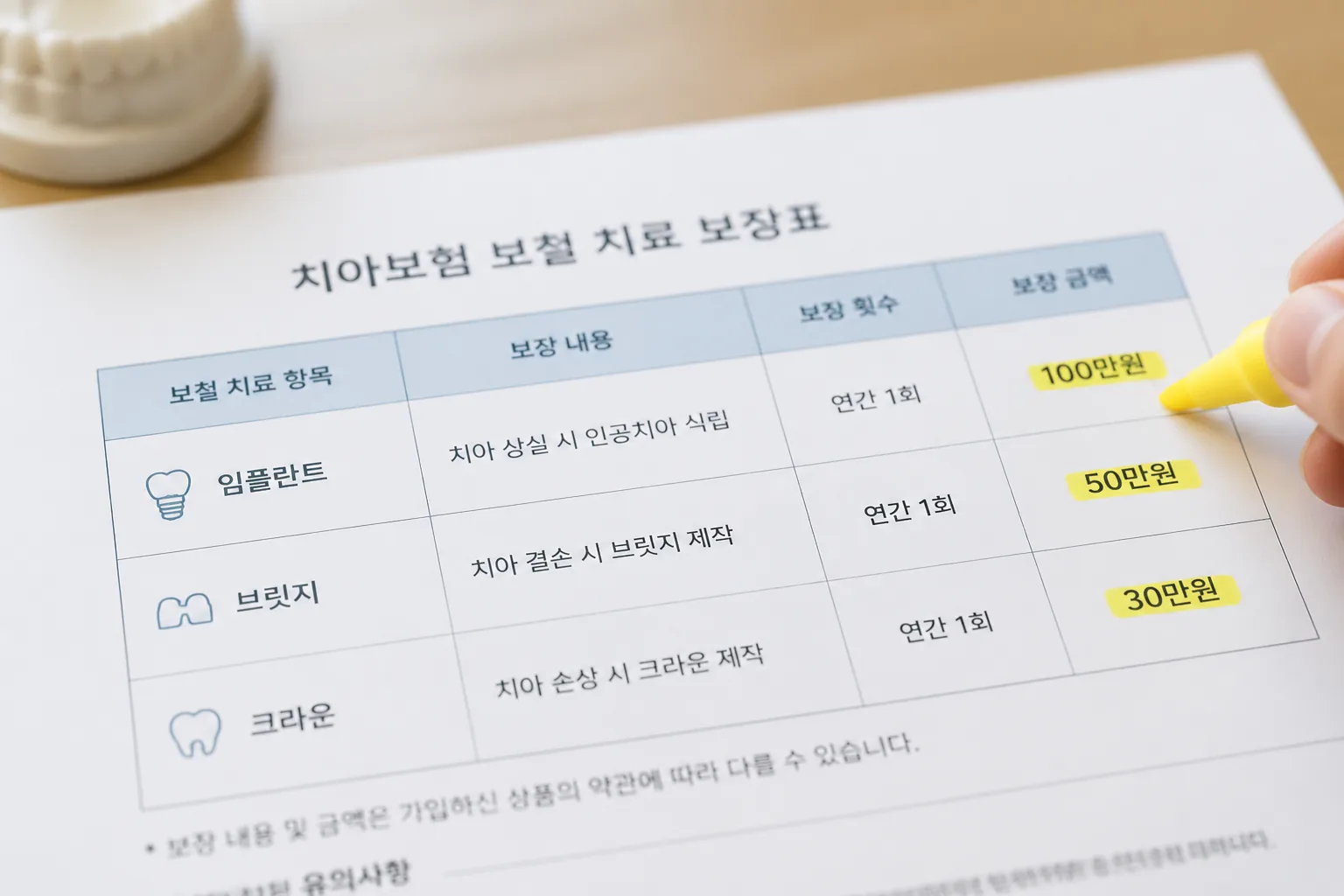 치아보험 보철 치료 보장표