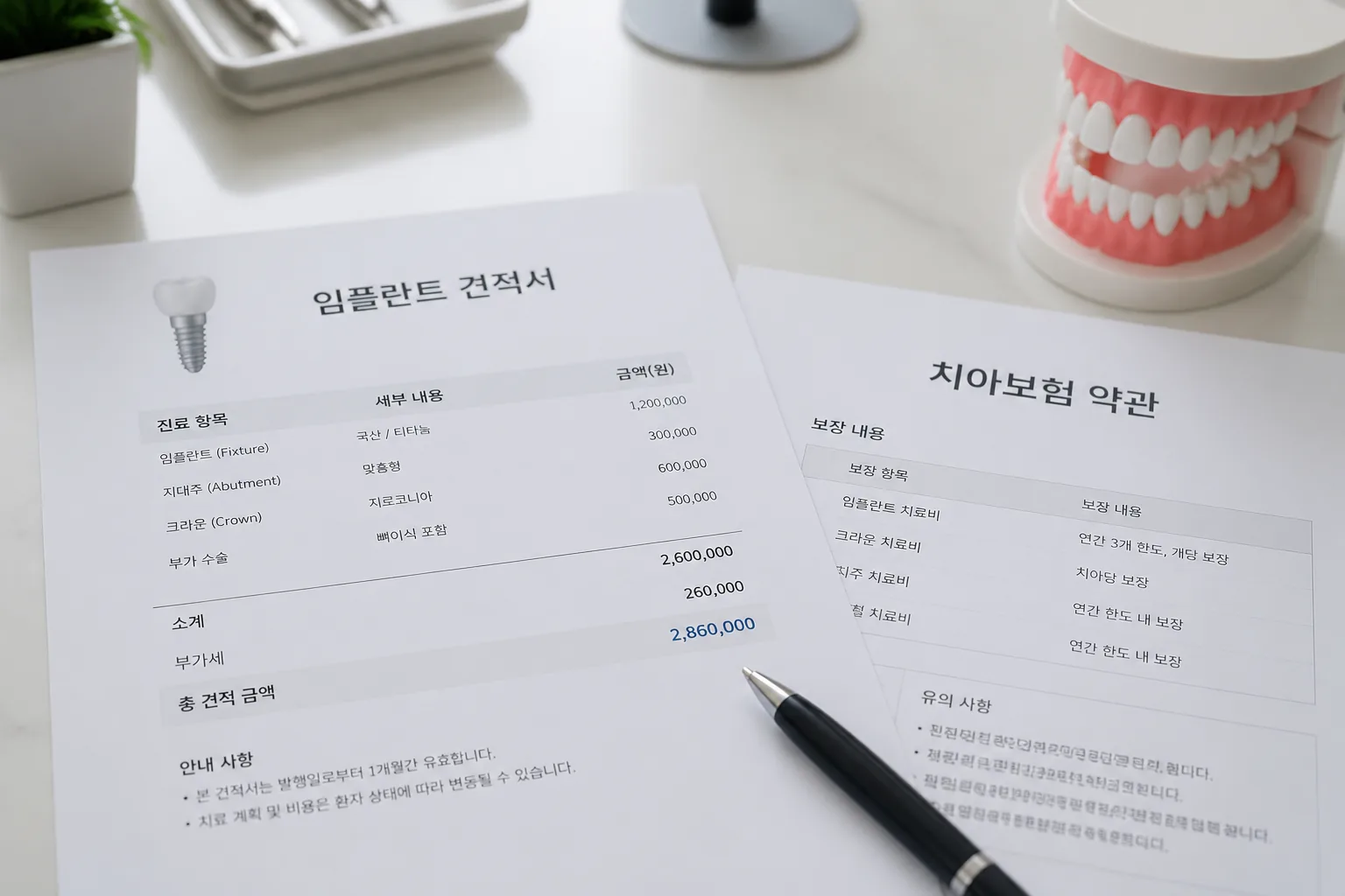 치과 치료비와 치아보험 약관 비교 화면