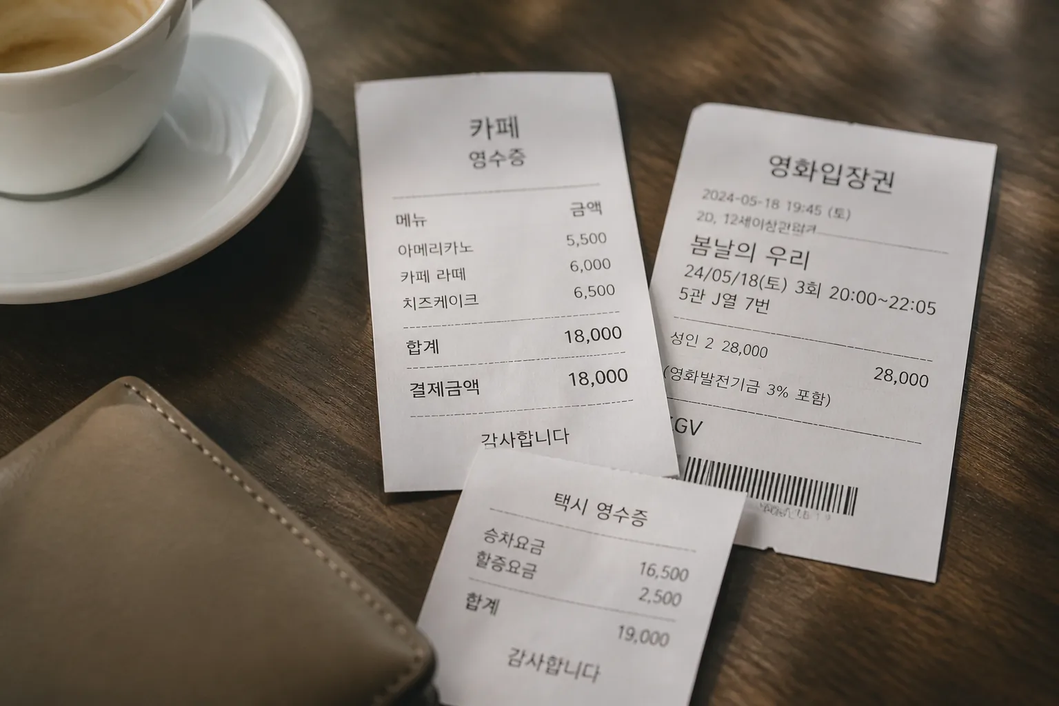데이트 비용 상승을 보여주는 영수증 묶음
