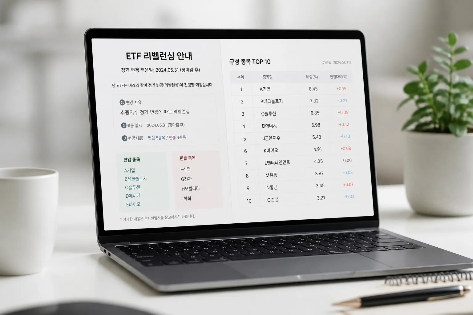 ETF 정기변경과 편입 종목 확인 화면