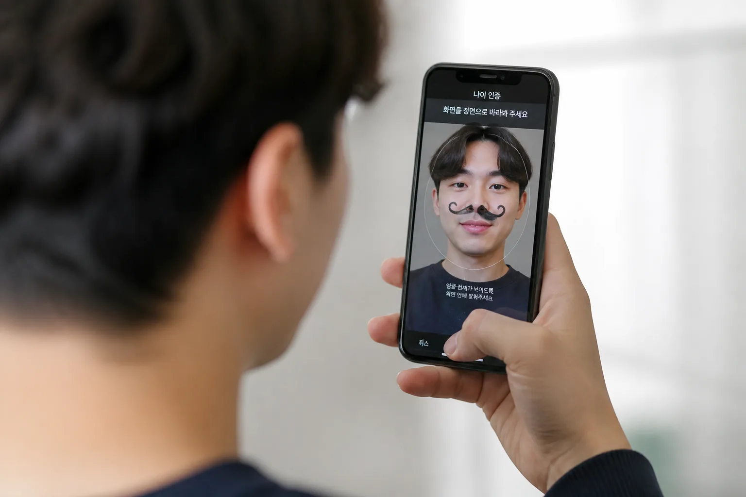 가짜 콧수염으로 나이 인증을 속이려는 상황