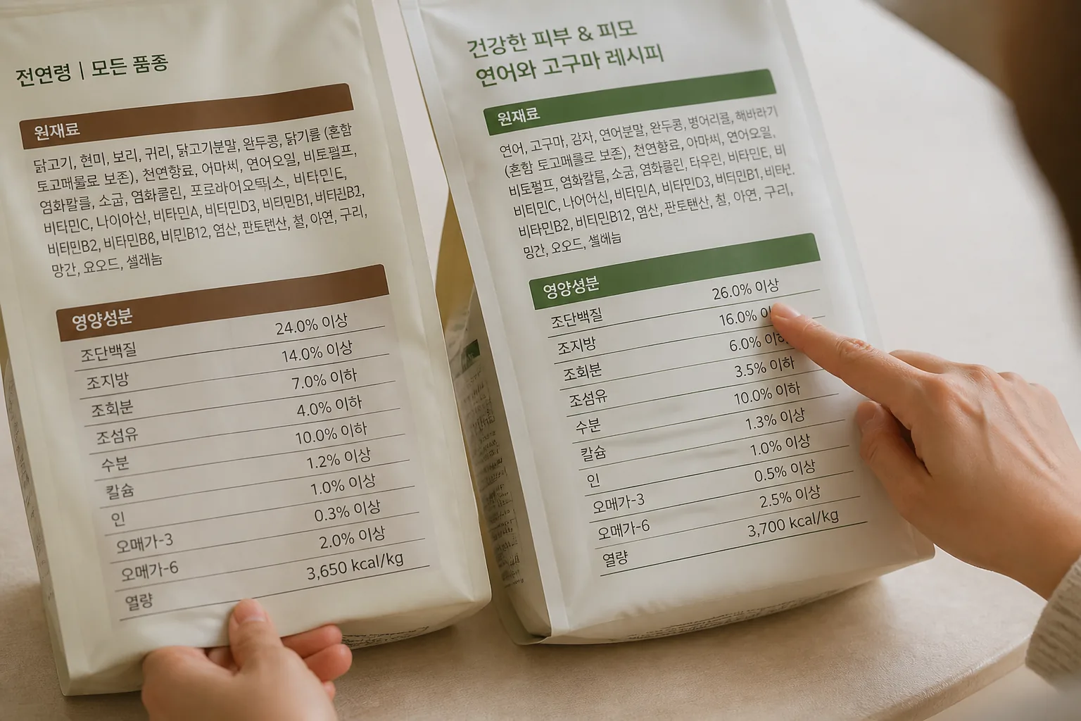 강아지 사료 성분 비교 장면