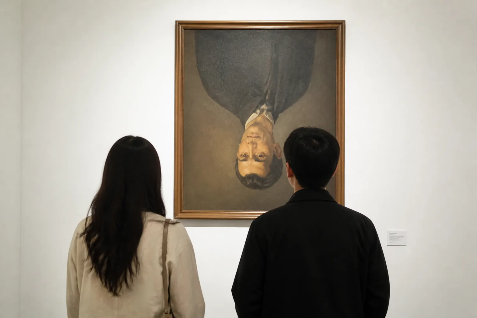 거꾸로 된 그림을 바라보는 관람객