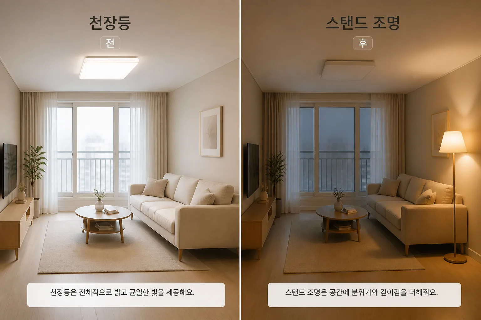 거실 조명 전후 비교