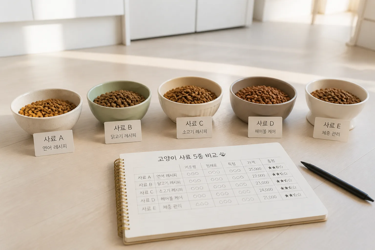 고양이 사료 5종 비교 장면