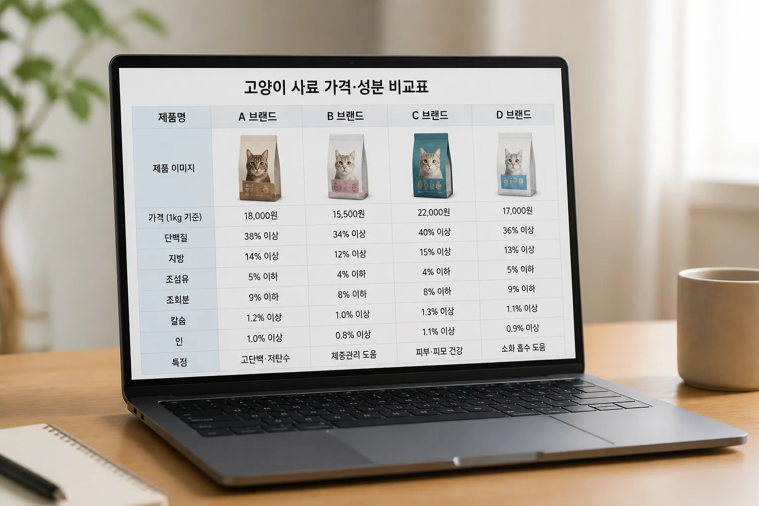고양이 사료 가격 성분 비교표