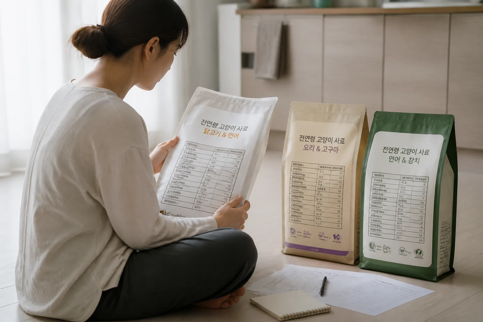 고양이 사료 성분표 비교 장면
