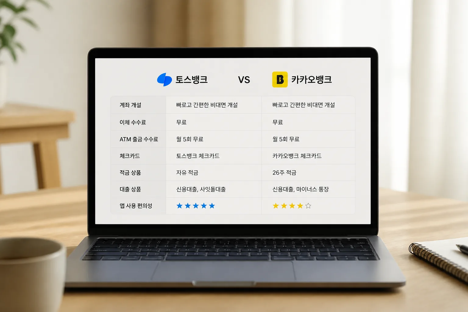 인터넷은행 기능 비교표 화면