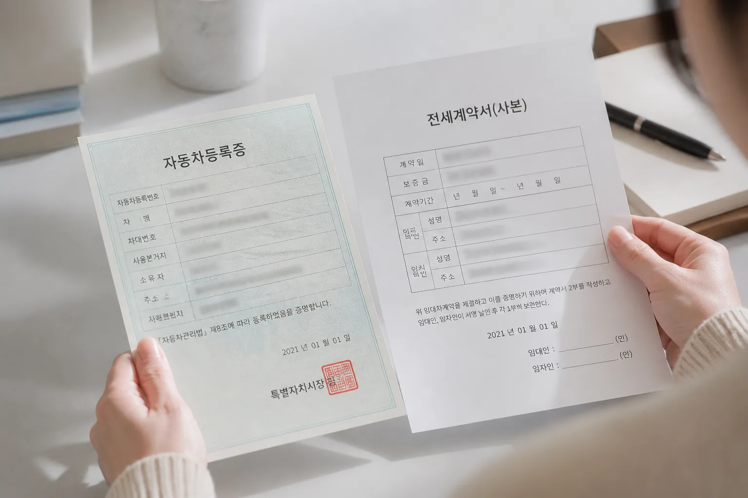 재산과 차량 서류 점검 장면