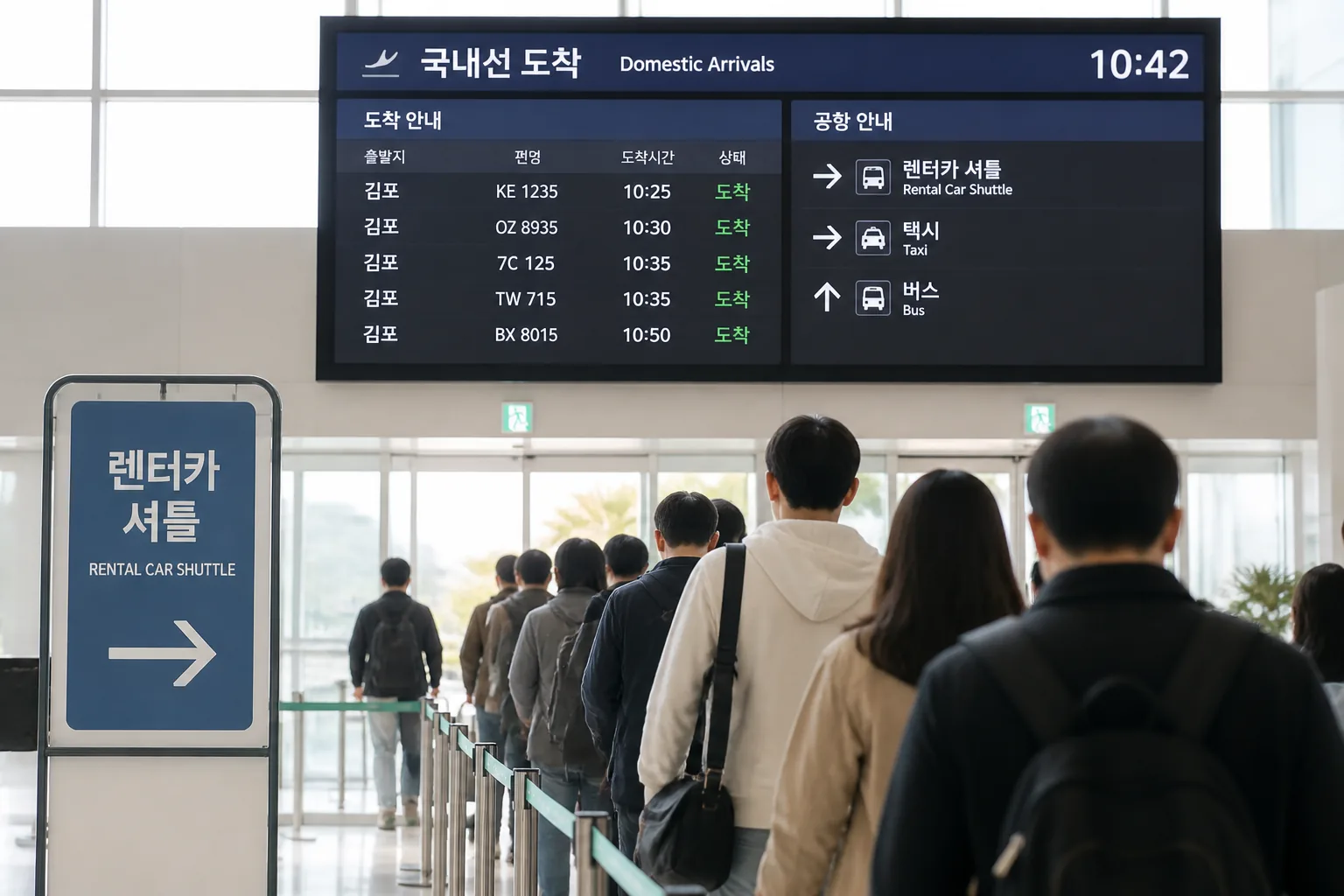 제주공항 도착 직후 여행 동선 시작 장면