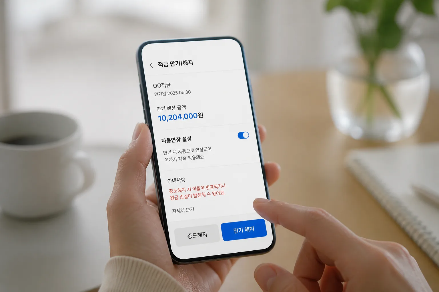 적금 자동연장과 중도해지 주의 화면