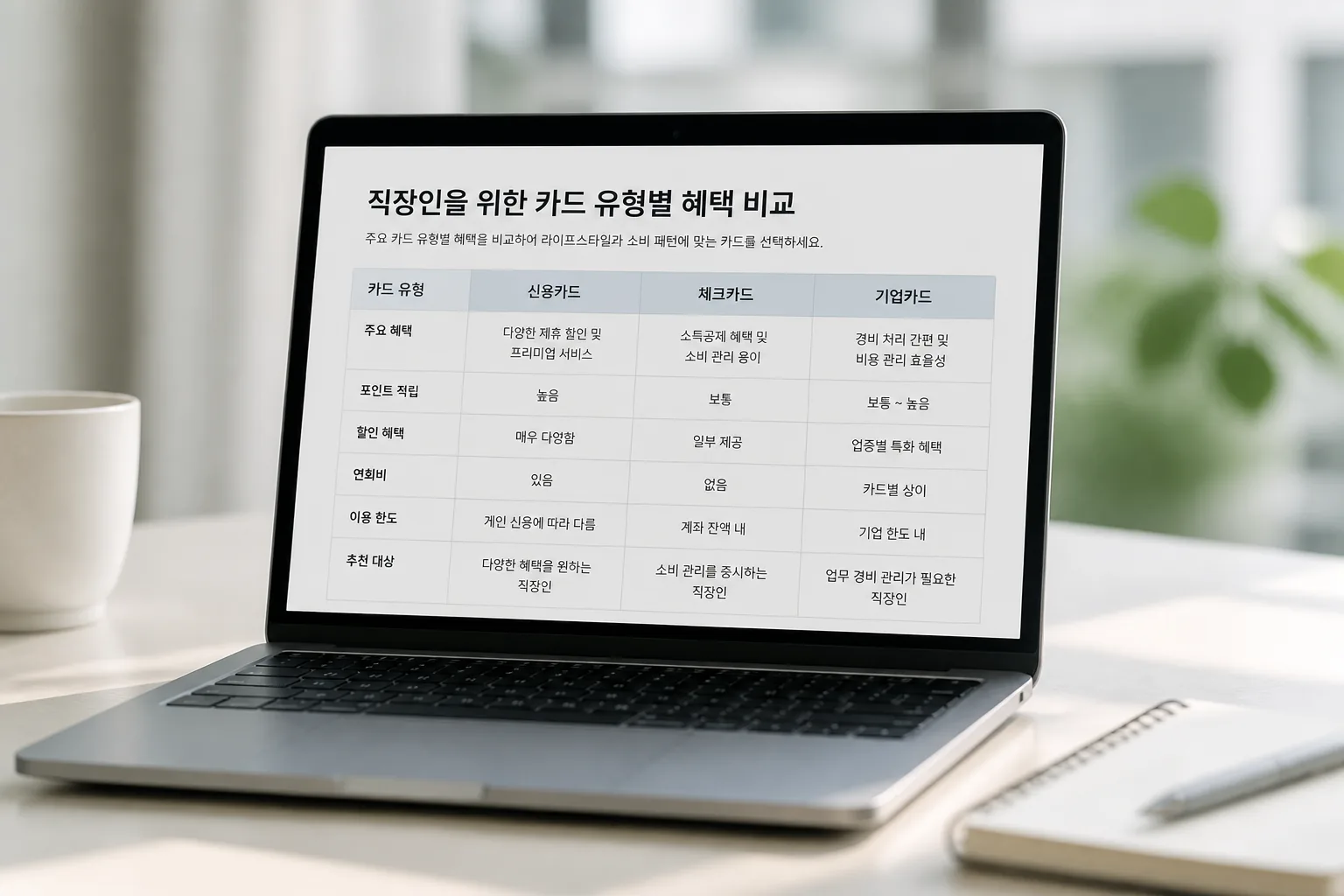 직장인 카드 유형 비교 표