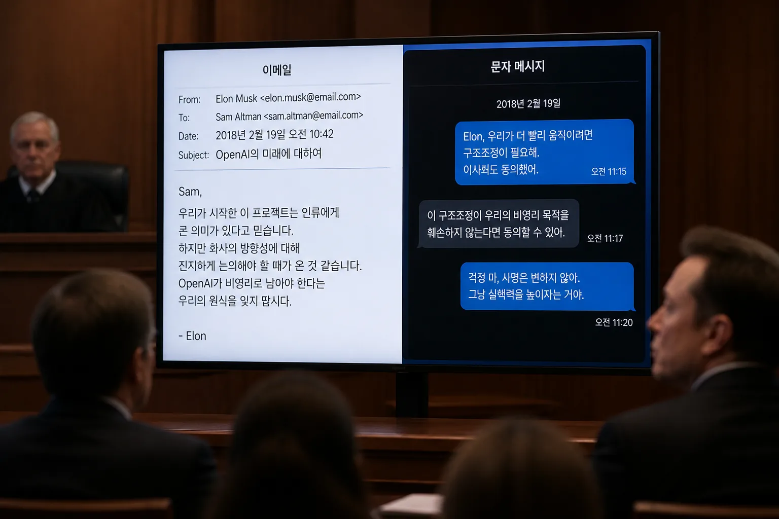 머스크와 올트먼 관련 법정 증거 화면