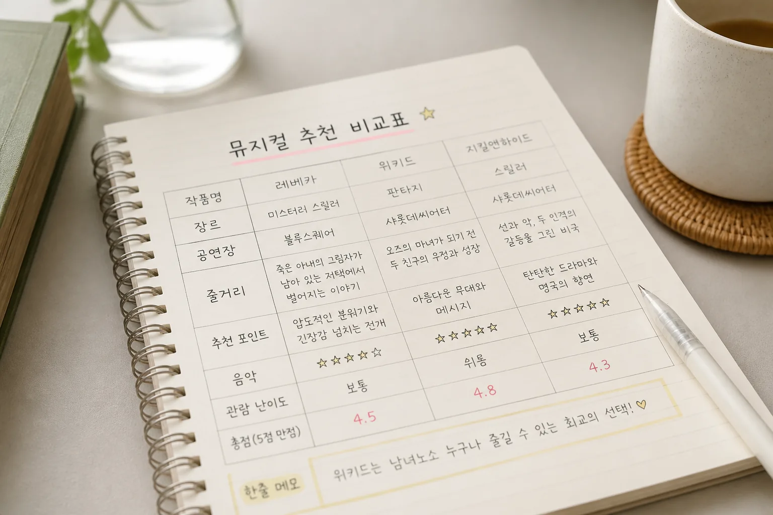 뮤지컬 추천 비교표 정리 화면