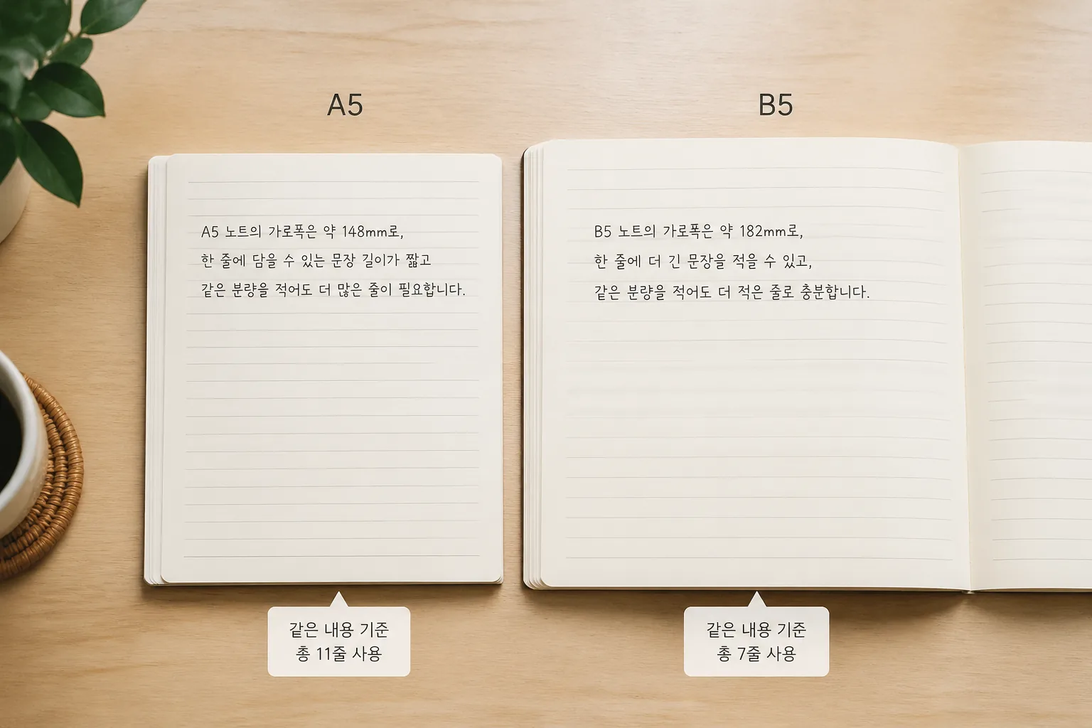노트 크기와 줄간격 비교