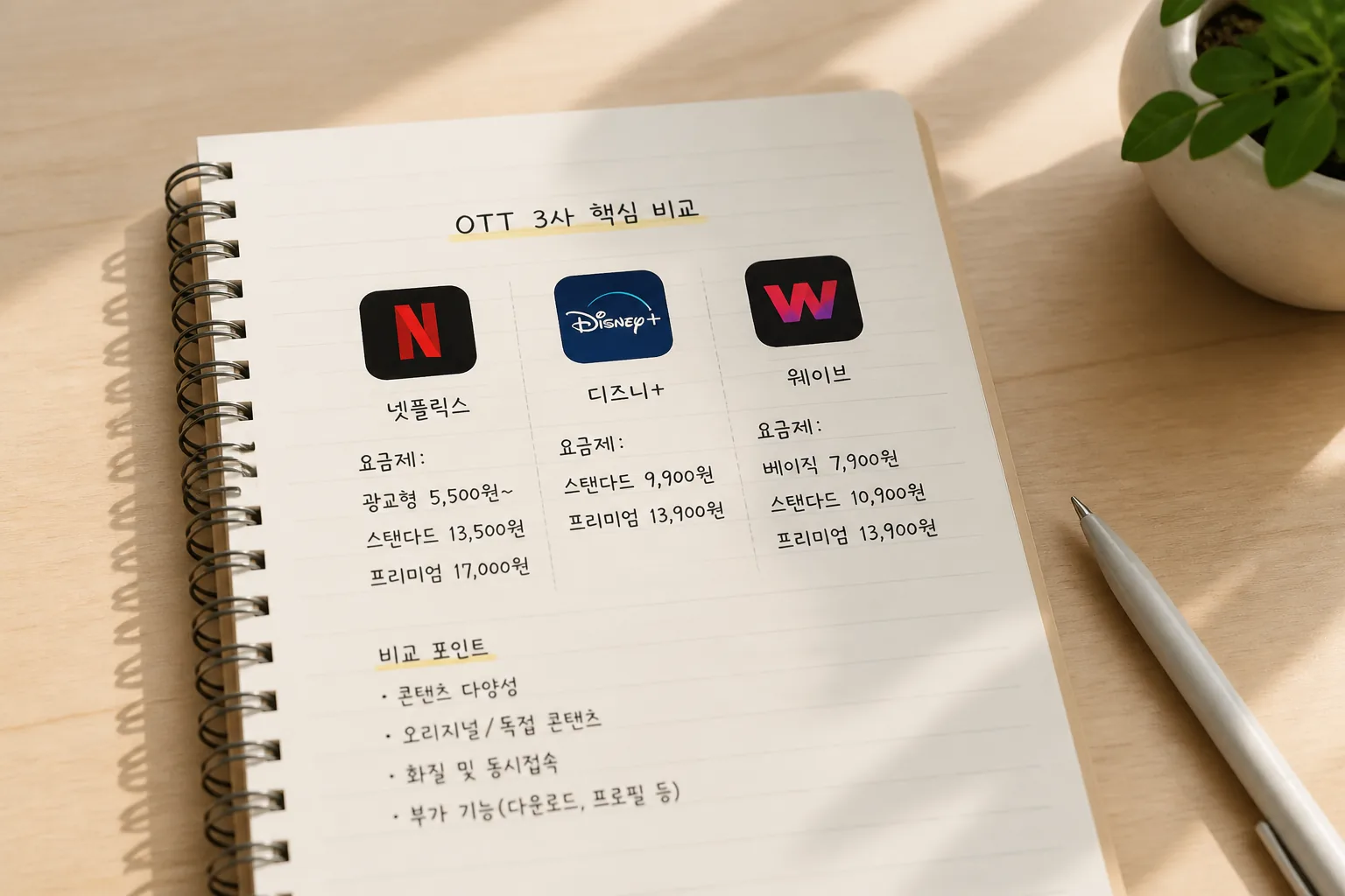 OTT 3사 핵심 비교 메모