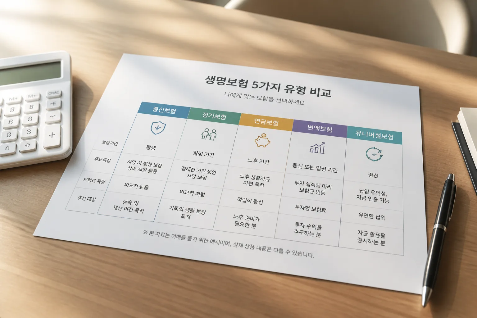 생명보험 5가지 유형 비교 자료