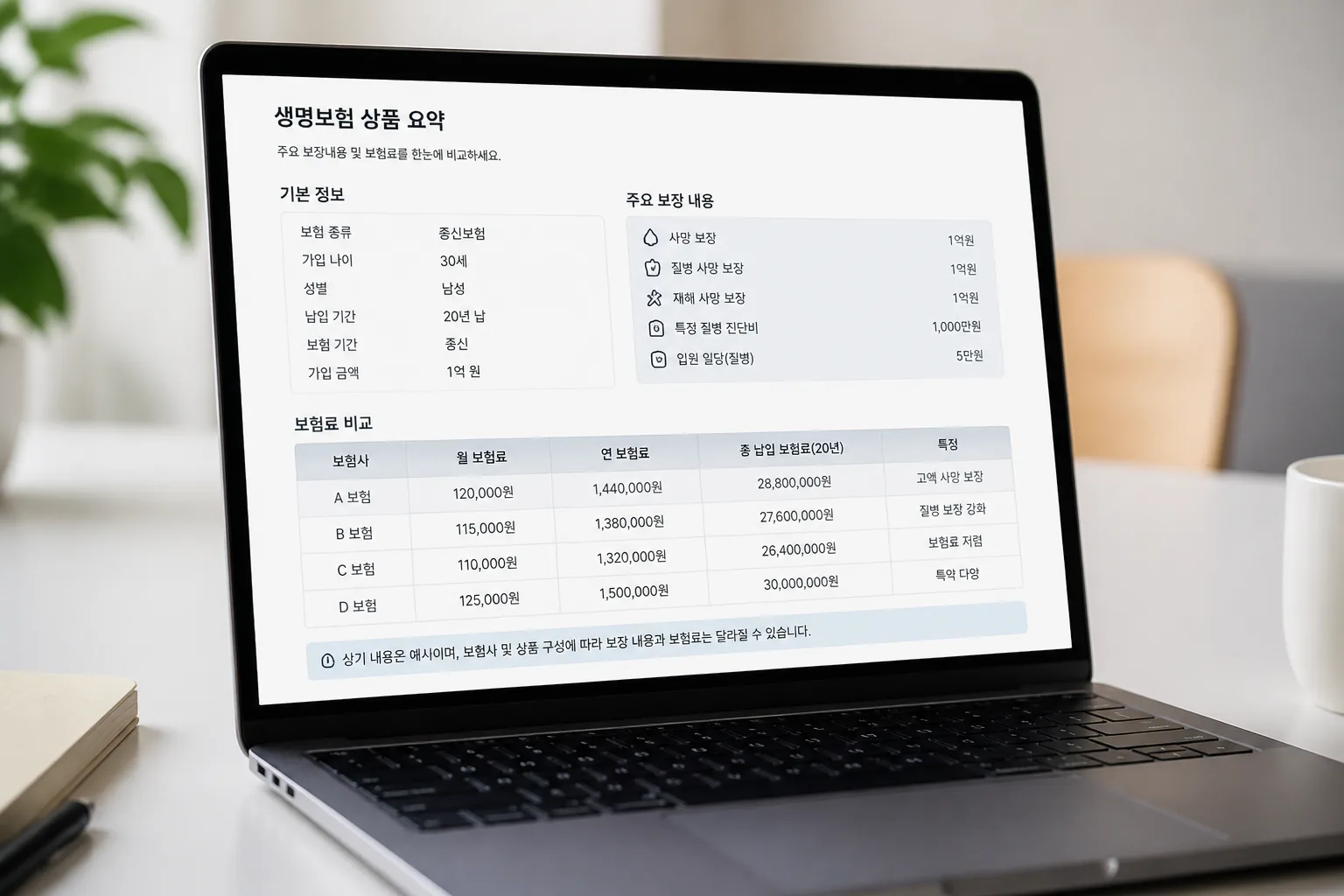 생명보험 보험료 비교표 화면