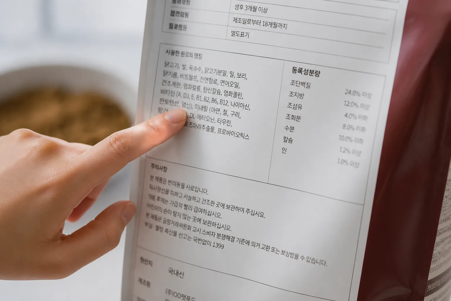 사료 성분표 읽는 장면