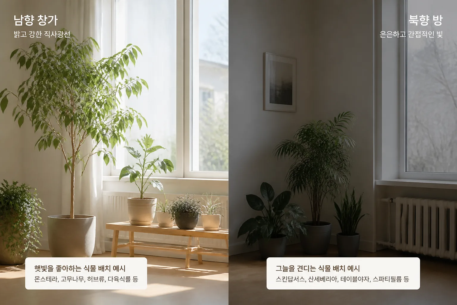 실내 채광에 따른 식물 배치 예시