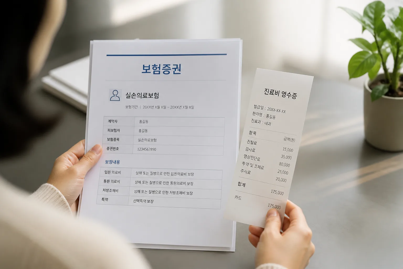실손보험 증권과 병원비 영수증 확인