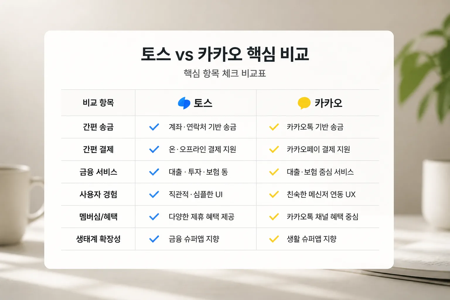 토스 카카오 핵심 비교표