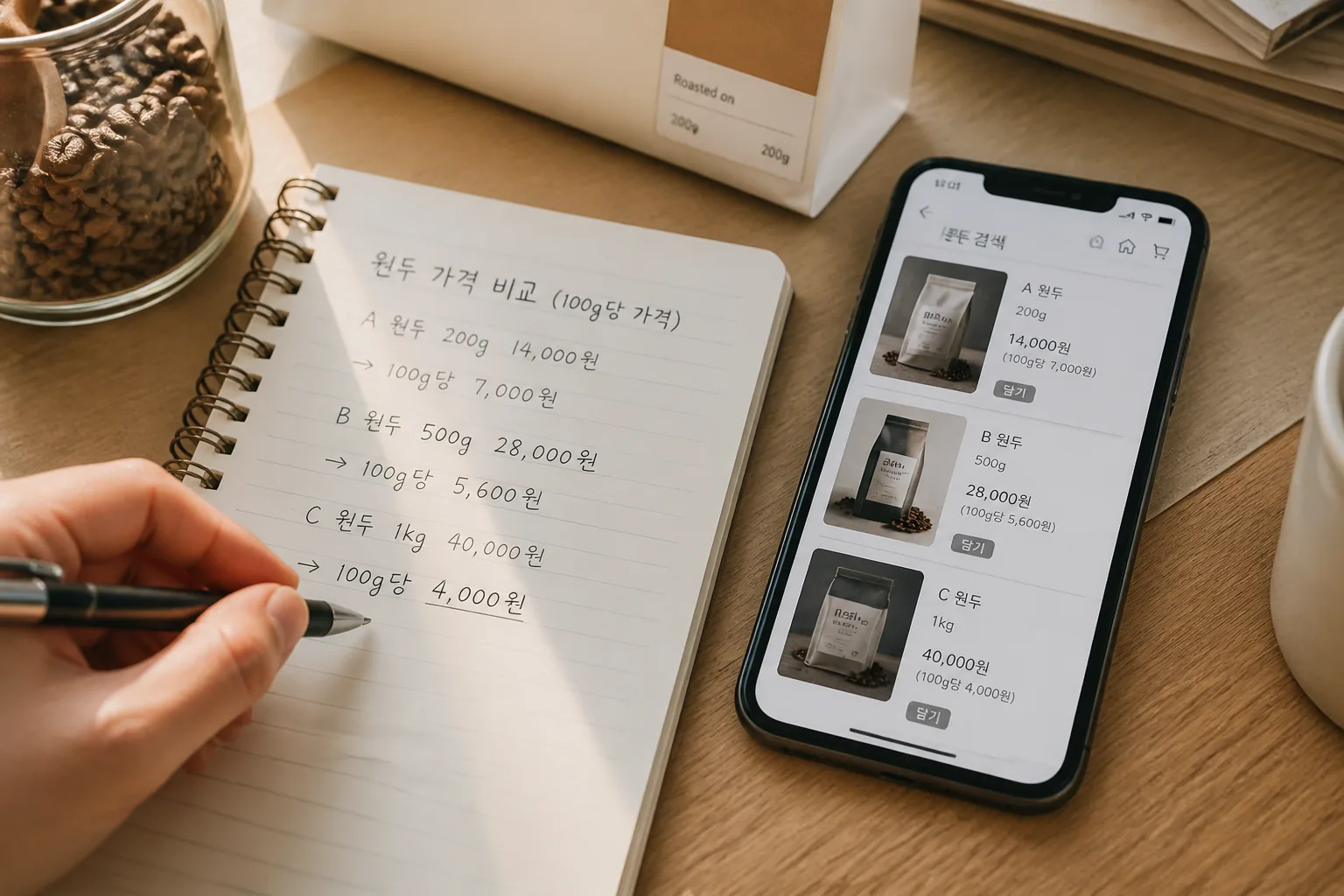 원두 가격 비교 계산 장면