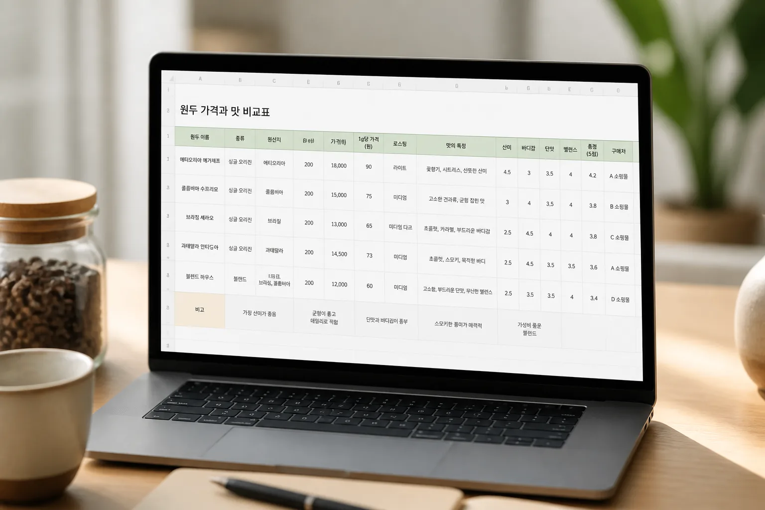 원두 가격과 맛 비교표 화면