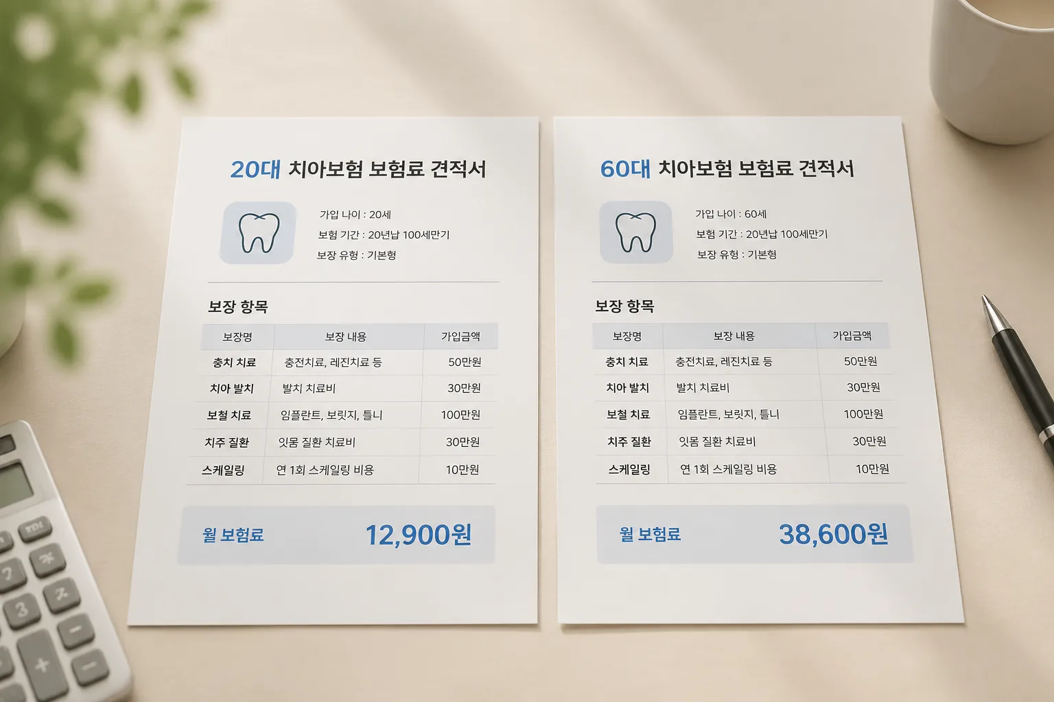 연령별 치아보험 보험료 비교 화면