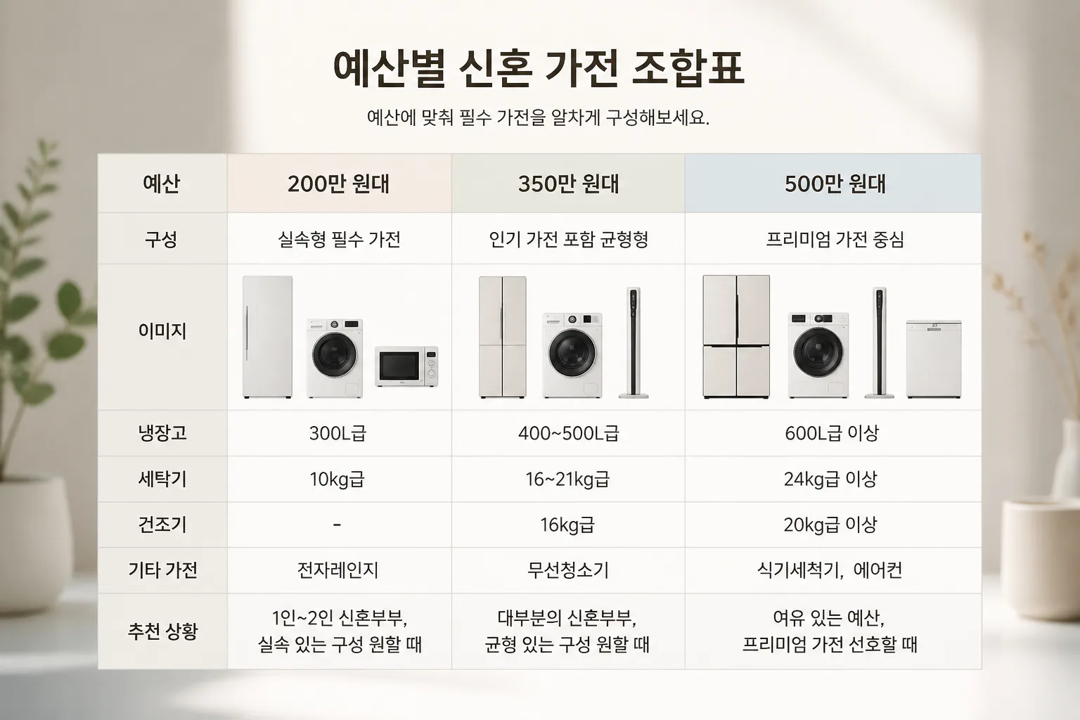 예산별 신혼 가전 조합표